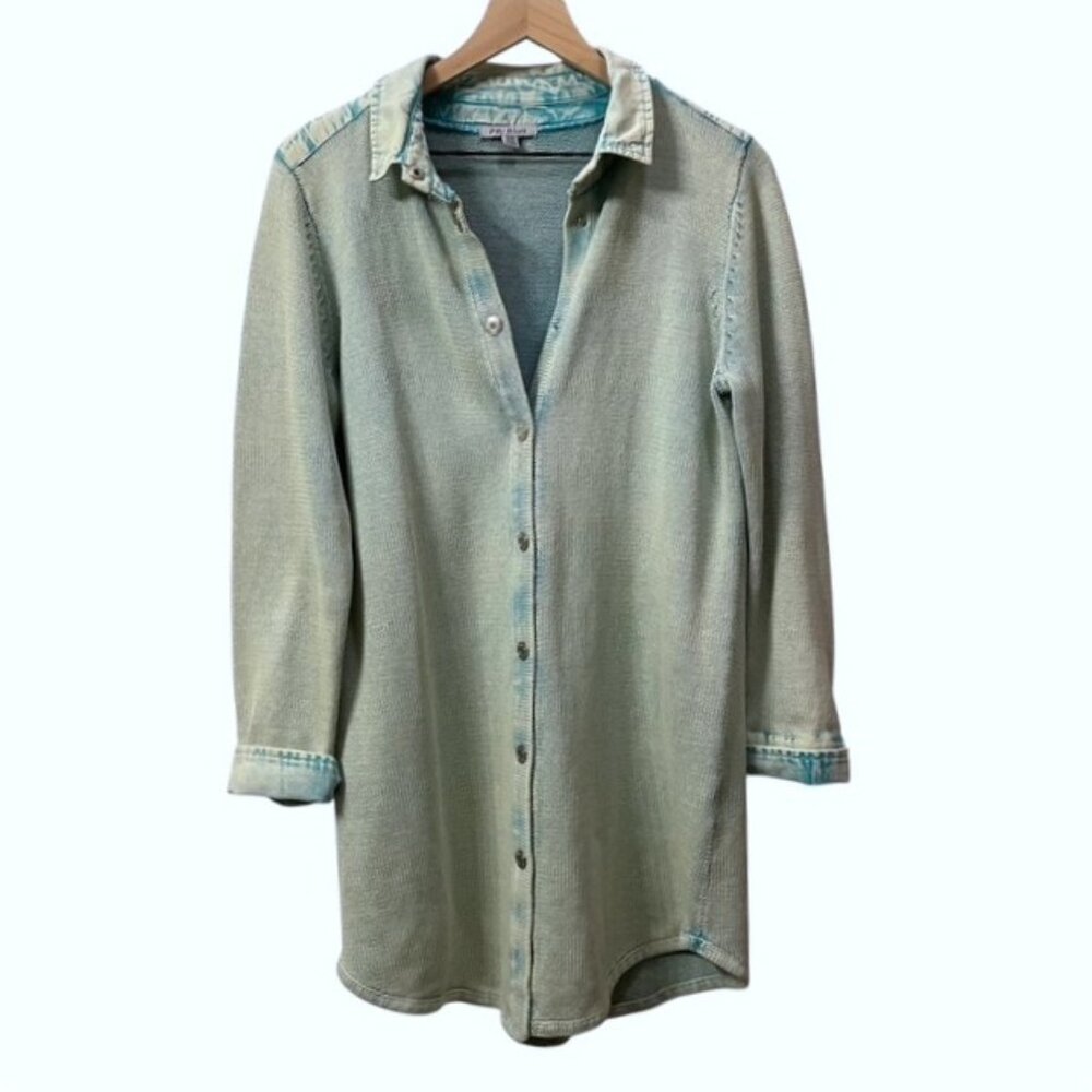 PBJ Blues Snap Tunic Cardigan Sweater Jacket Shacket Acid Washed Aqua Medium